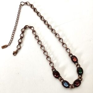 1928 Copper Tone Choker Necklace Multicolor Rhinestones Vintage